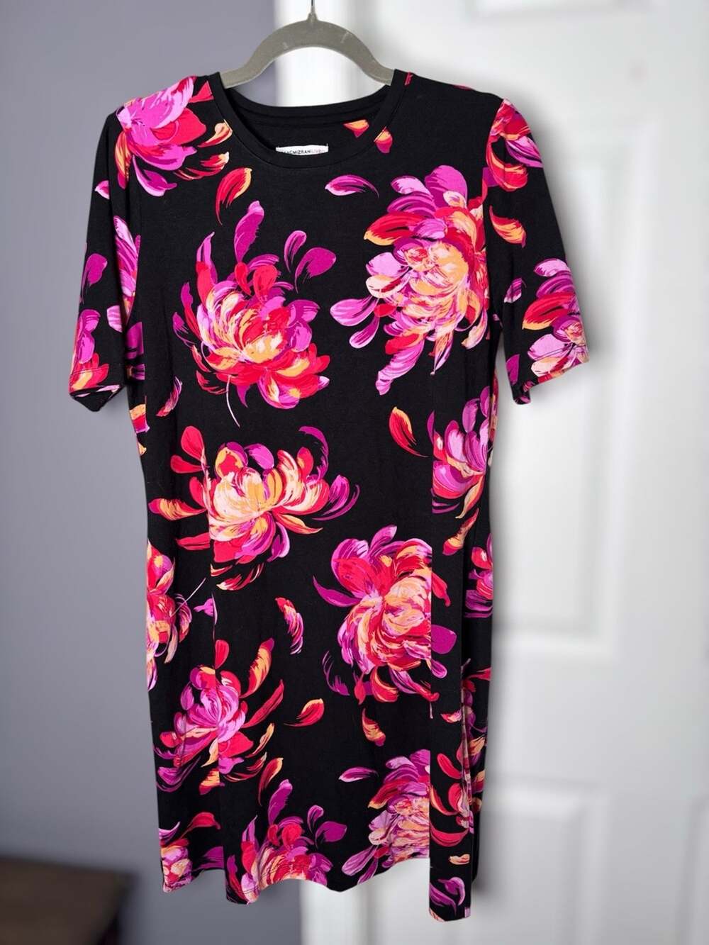 Isaac Mizrahi Floral T Shirt Dress Black Purple Small